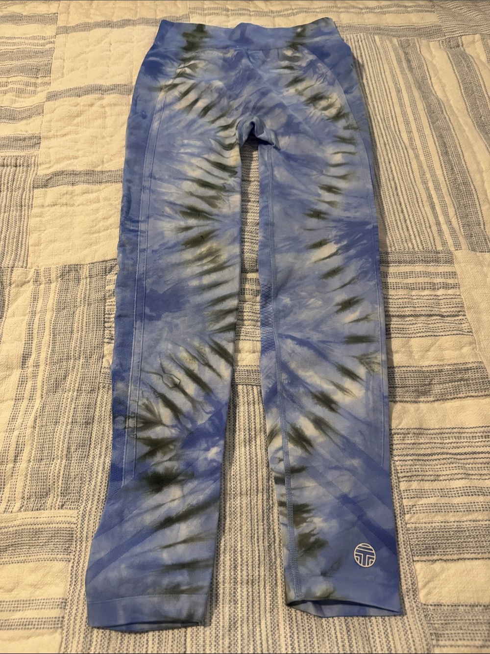 Tory Sport Blue Tie-Dye Leggings with Black Accents